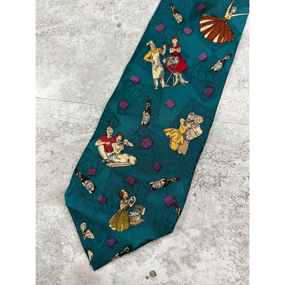 Tabasco Necktie Mens One Size Teal Picnic BBQ Hot Sauce Novelty Silk